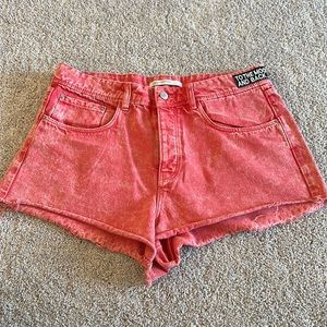 Zara red acid wash denim shorts with patches